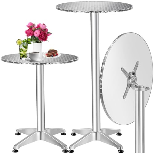 tectake® Tavolo da Bistrot, Alluminio Pieghevole, Altezza Regolabile 70/115cm, Piano in Acciaio Inox Ø 60cm, Resistente agli Agenti Atmosferici, Perfetto per Esterni ed Interni - Viktor