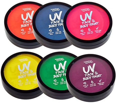 Water Activated UV Black Light Face and Body Paint - 6 Color Pack - Costume, Halloween, Club, and Rave Makeup - Safe for all Skin Types - Easy On and Off - 18g Cakes - by Splashes & Spills