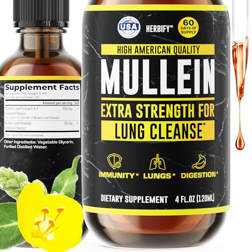 HERBIFY Mullein Drops - Lung Cleanse - Leaf Extract - Powerful Mullein for Immune Support,Detox & Respiratory Support - Made in USA - Lung Cleanse for Smokers - 4 Oz