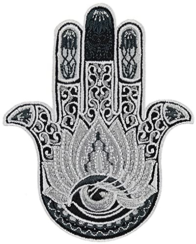 Toppa ricamata da applicare con ferro da stiro o cucitura: Hamsa | Patch mano di Fatima da annodare/stirare | Portafortuna indiano applicazione Fatima per tutti i tessuti | 80x100mm