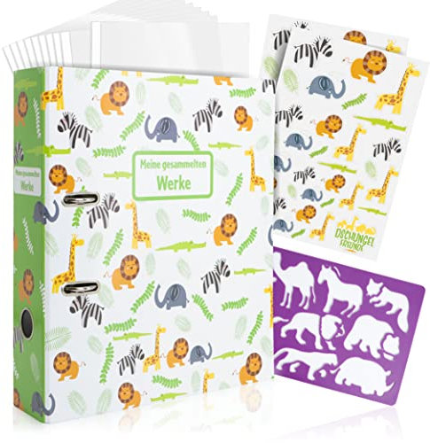 OfficeTree Portfolio Kindergarten Ordner A4 Breit Motiv Dschungel - Kindergarten Sammelordner mit Zubehör - Ordner Kindergarten Portfolio Set - Kindergartenordner für Erinnerungen an Kita