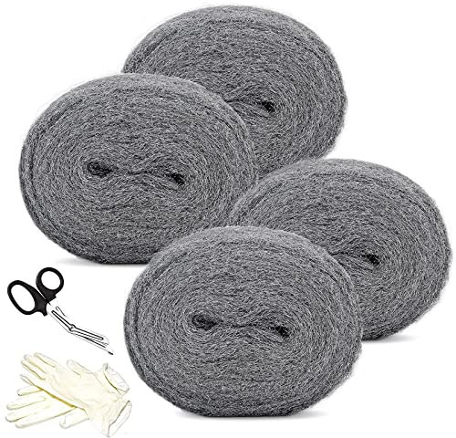 4 Stück Mäuse Stahlwolle mit Schere, 3m Wirksam Stahlwolle Gegen Mäuse, Löcher Wand Risse Nagerstop Mäuseabwehr Stahlwolle für Haus, Garage und Garten