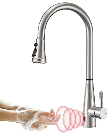 Touchless Sensor Wasserhahn Küche, YUANNY Küchenarmatur mit Ausziehbar Brause, 360° Drehbar Edelstahl Spültischarmatur,3 Modus Einhand Spültischbatterie Hochdruck Mischbatterie für Küche
