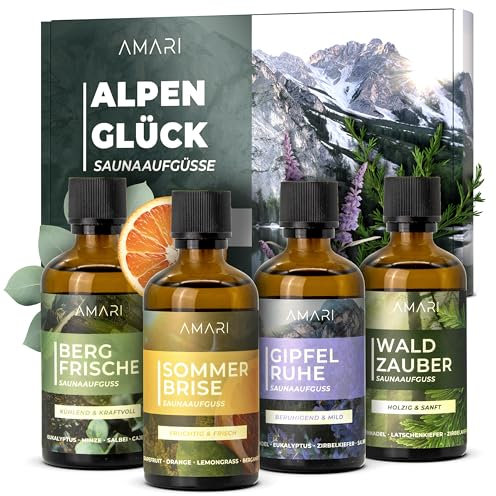 Amari ® Saunaaufguss Set Alpenglück – natürliche Saunadüfte mit Bio-Ethanol – Naturreine Ätherische Öle – Aufgussmittel, Sauna, Saunaöl, Duftöl