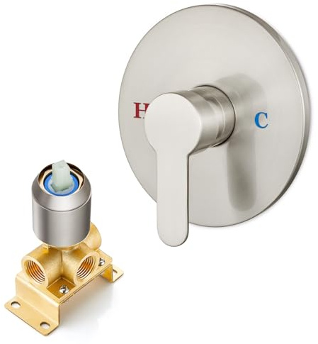 Heyalan Bathroom Shower Valve Mixer Single-Function Single Handle Trim Kit Wall Mount Brass Faucet Shower Rough-In Valve,Female Thread,Round,Brushed Nickel