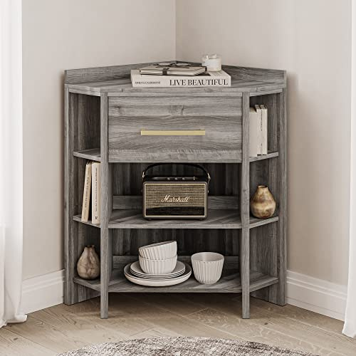 BELLEZE Corner Cabinet with Ultra-Fast USB Type A/C Outlet, Corner Table with 1 Storage Drawer and 8 Shelves, Store and Organize Home Furniture for Bedroom, Living Room Small Space - Sonoma (Gray)
