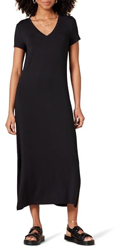 Amazon Essentials Vestido Midi de Punto de Manga Corta con Escote en Pico Mujer, Negro, XS
