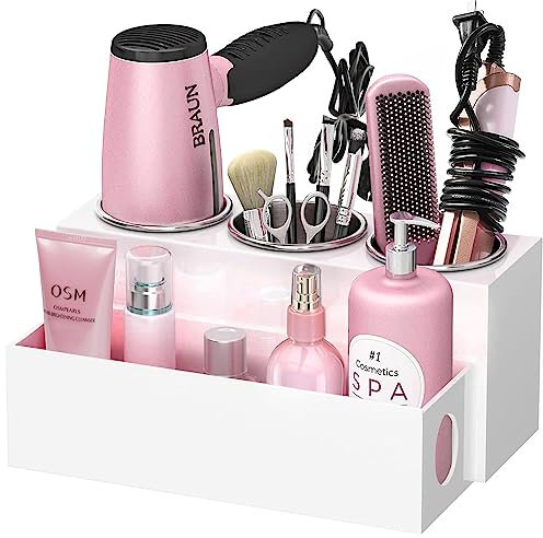 BYUNER Hairdryer Holder with Drawer, Bathrom Hair Tools Organiser, Hair Dryer Holder for Dressing Table, Hair Dryer and Straightener Holder for Bathroom Countertop Hairdryer Storage Stand (Peal White)