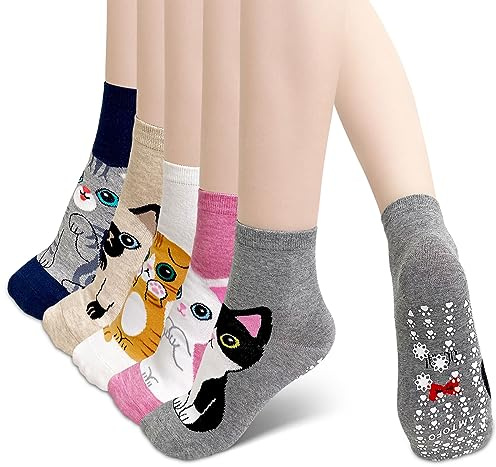 ZFSOCK Calzini Antiscivolo Donna Fantasia: Calze Non Scivolare con Grip Divertenti Colorate Gatto Animali Motivo per Fitness Sport Ospedale 5 Paia Taglia EU 35-42 Micio