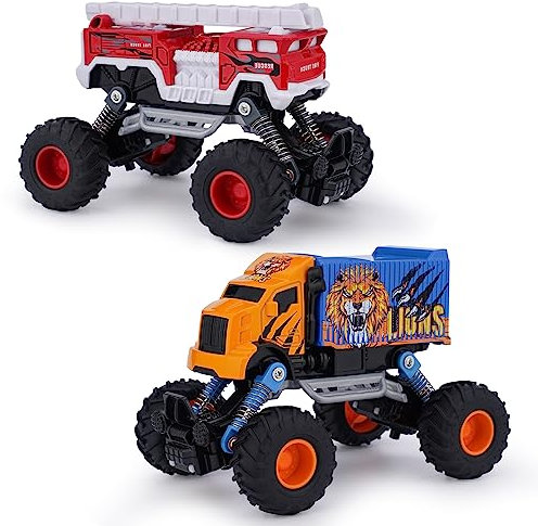 VBACALA Monstertruck Auto Spielzeug,Feuerwehrauto und Löwen LKW Monster Trucks Aufziehauto Spielzeugautos LKW Rennwagen Fahrzeuge, Kinderspielzeug für Kinder 3+ Jahr Jungen Mädchen Geschenk