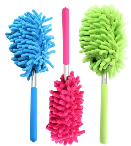 KVBUCC 3 Pieces Feather Duster, Dustproof Duster, Telescopic Dust Collector, Stainless Steel & Chenille Head, Green, Blue, Rose Red
