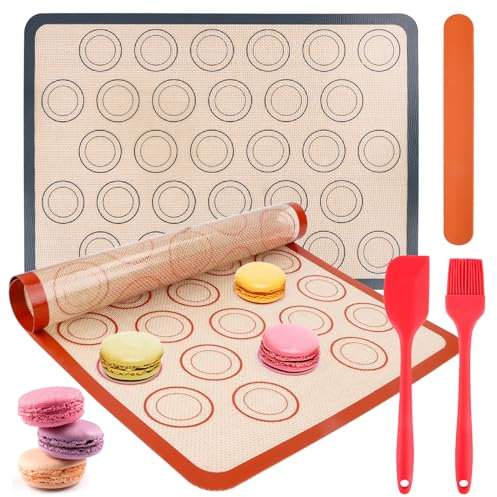 Set di 2 tappetini da forno in silicone Macaron, antiscivolo, con pennello da forno, antiaderente, riutilizzabili, per macaron, biscotti, pane, pizza