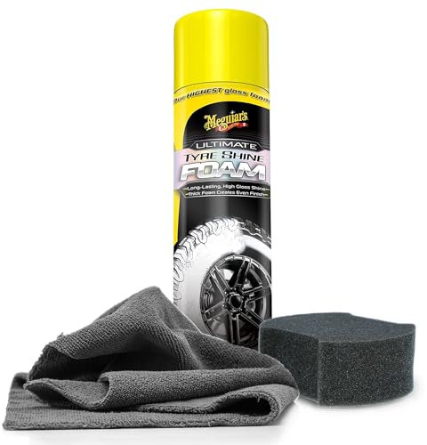 Auto Reifenpflege Set | Meguiar's Ultimate Tyre Shine Foam 538ml + Applikator Pad + Mikrofasertuch | Reifenglanzspray zur Pflege und Auffrischung von Reifen