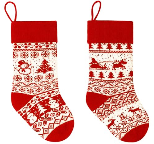 IHCEMIH 2 stycken julstrumpor, stickade röda jultomtestrumpor för juldekoration jultomtestövlar att fylla julstrumpor för jul öppen spis dekoration presenter snögubbe jultomte