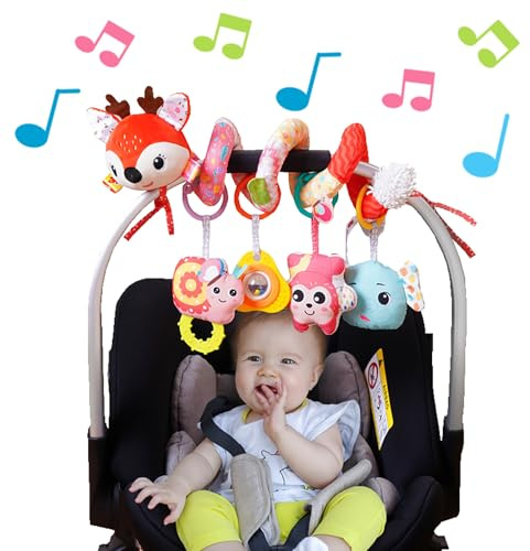 Kulveanju Poussette jouet pour bébé, siège auto, lit d'activité, jouet en spirale, jouet en peluche, jouet sensoriel, cadeau pour nouveau-né, fille et garçon, 0, 3, 6, 9, 12 mois, cerf