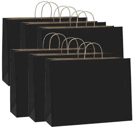 Taeku Bolsas de papel kraft con asas, 6 bolsas de regalo grandes – Bolsas reutilizables negras para compras, cumpleaños, fiestas, eventos, 42 x 13 x 31 cm (negro)