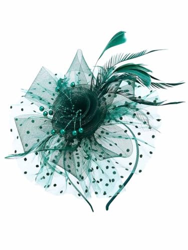IYOU Cappello Fascinatori Piume per Donne Fascia Capelli Matrimonio Verde Fiore Velo Chiesa Tè Party Accessori Capelli per Spose Damigelle Ospiti Cerimonia