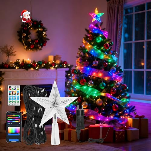 Aigostar RGBIC Guirnalda de Luces Exterior e Interior con Estrela de Árvore de Natal- 8M 50 LED Guirnaldas Luces con Enchufe, 39 Modos, Música, DIY, App, IP44 para Decoração de Halloween e Natal