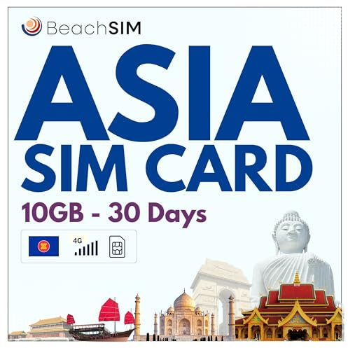 BeachSIM Tarjeta SIM Asia válida Durante 30 días. 10 GB de Datos a velocidades 4G/5G. Tarjeta SIM Solo para Datos. Roaming Gratuito en Indonesia, Filipinas, Tailandia y más de 9 países de Asia.
