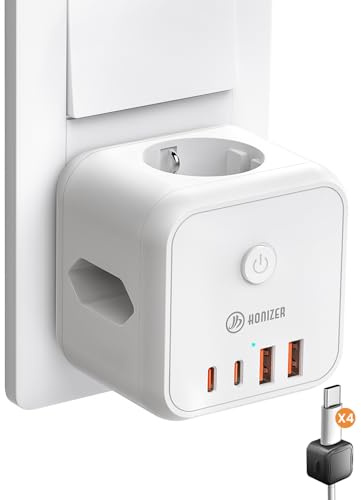 7-in-1 Steckdosenwürfel ohne Kabel: 3-Fach Mehrfachsteckdose mit USB-C & Schuko (4000W/16A), USB Steckdose, Steckdosenadapter mit Schalter & Kabelhaltern, Ideal für Reise/Büro