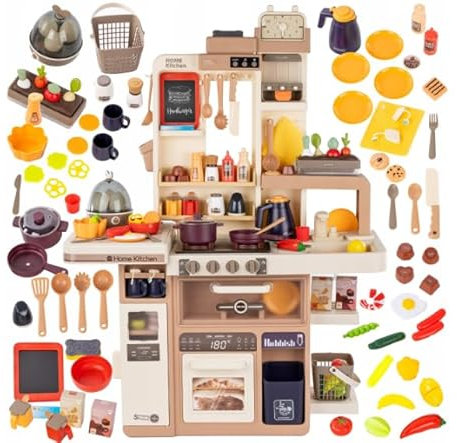 Kinderküche mit Licht, Sound, Wasser & Dampf – Realistische Spielküche ab 3 Jahren – 88-teiliges Zubehör, Eierkocher, Tafel & Dunstabzug – H 93 cm, Stabiler Kunststoff mit Waschmaschine