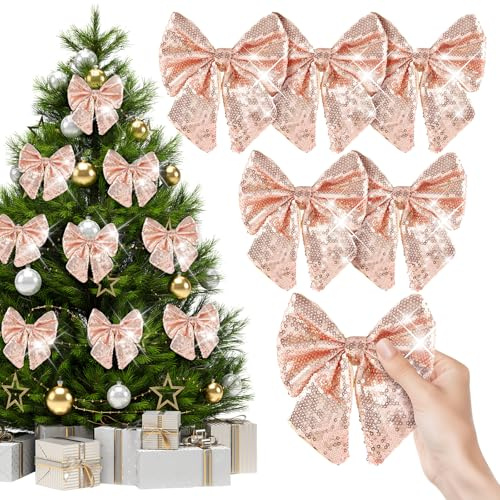 SilverChry Lot de 6 Nœuds de Noël, Arcs de Noël Pailletés, Nœud pour Sapin de Noel, Christmas Tree Bows, Idéal pour Les Sapins de Noel, Les Boîtes Cadeaux, Les Fêtes