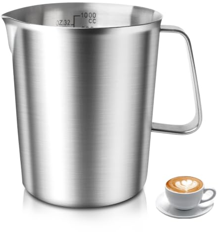 GOMETY Jarra medidora de acero inoxidable 1000 ml, 1 L, acero inoxidable 304, vaso medidor con mango y escala, apto para lavavajillas, jarra de leche de acero inoxidable, resistente para cocina
