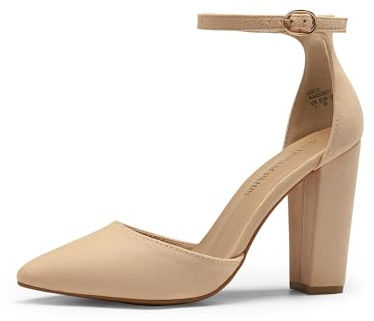 DREAM PAIRS Escarpins Femme Talon Épais 10cm Bout Pointu Chaussures de Soirée Mariage avec Bride à la Cheville Confortables Antidérapantes,Size 38,Nue/Daim,Coco