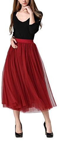 DEBAIJIA Damen Chiffon Maxirock Sommer Blumendruck 3 Tragevarianten Damen Elegant Lange Röcke Kleid Hohe Taille, Einfarbig: Dunkelrot, Einheitsgröße