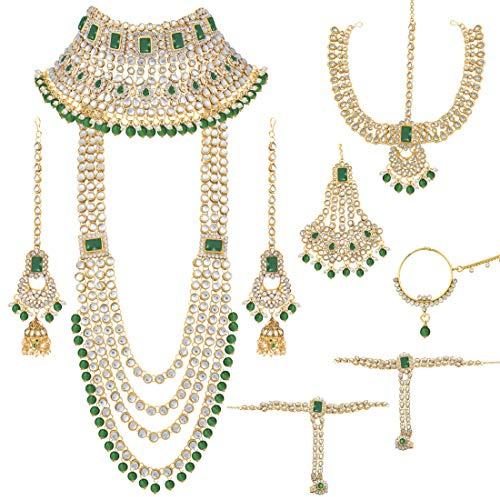 Aheli Indian Heavy Bridal Jewelry Set Long Choker Necklace Earrings Maang Tikka Nath Paasa Hath Phool Traditional Faux Kundan Beads Wedding Wear Gift for Women Green