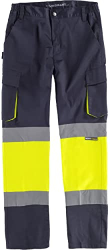 WORKTEAM Pantalón de Trabajo Slim Fit de Alta Visibilidad con Cintas Reflectantes, Multibolsillos y Tejido Elástico. EN ISO 20471. Clase 1. Unisex Marino+Amarillo A.V. L