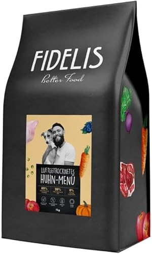 Fidelis - Menù di pollo essiccato per cani da 1 kg – cibo per cani di alta qualità asciutto con 80% di carne, verdura e frutta – Cibo secco proteico cane essiccato – Senza zucchero e cereali