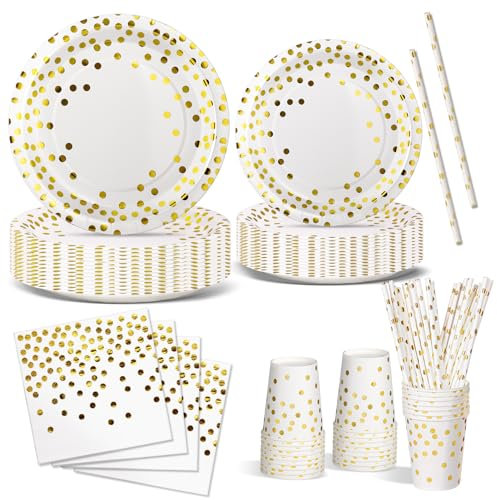 Nkaiso 120 Piezas Blanco Oro Vajilla Fiesta Cumpleaños, Platos y Vaso Cumpleaños Infantil, Juego de vajilla Fiestas Platos Desechable Servilletas para Party Decoración Baby Shower -24 Invitado