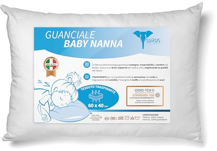 Cuscino Lettino Bambino 40x60 cm, 100% Made in Italy e OEKO-TEX®, Ipoallergenico e Antiacaro con Rivestimento 100% Cotone, Morbido, Lavabile, Sicuro, Comfort e Sicurezza per il Sonno del Tuo Bambino