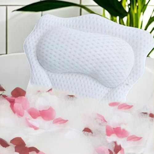 Bath Pillow, 4D Luxury Bathtub Pillow for Head Neck Shoulder & Back Support, Ergonomic Bath Cushion with 6 Powerful Suction Cups for Hot Tub & Home Spa (White)
