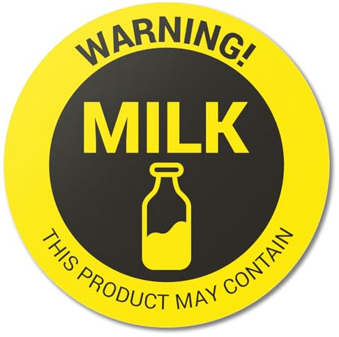 300 etiquetas de advertencia de leche. Este producto puede contener: pegatinas de leche (1.5 pulgadas, redondas, amarillas) para etiquetado de alimentos, delicatessen, escuelas o restaurantes