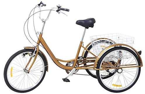 Generisch TONFEION Dreirad für Erwachsene 24 Zoll, 6-Gang 3-Rad Fahrrad Senioren und Erwachsene Dreirad Mit Korb und Licht, Lastenfahrrad für Einkaufen Reisen (Gold)