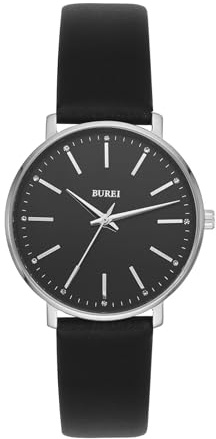BUREI Frauen Uhren Mode Minimalistisch Analog Leder Quarz Wasserdicht Uhren für Frauen (schwarz Silber)