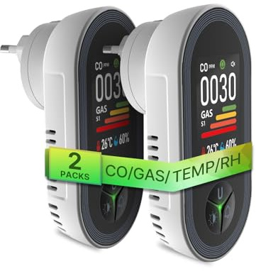 MOES Kohlenmonoxid- und Gasmelder mit Stecker, 4-in-1 CO-Melder mit Temperatur- & Luftfeuchtigkeitssensor, mit akustischem Alarm für LPG, Propan, Methan, Ethan & CO – für Haus & Wohnmobil geeignet