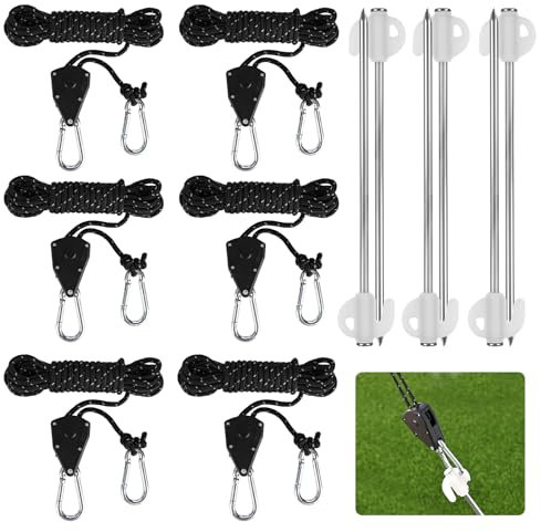 Rzspher 6 Stück 4mm Seil Ratchet Hanger 4M, Einstellbare Seilspanner, 1/8 Zoll Schnalle Seilratsche Sonnensegel, mit 6 Stück Leuchtende Nägel für Zelt Sonnensegel Zeltplane Camping