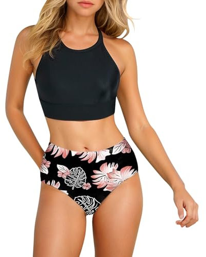 Bikini Women's Ruffle Colourful Bikini Set with Slit for Women, Sexy, Plain Tank Top and Printed Bottoms with High Waist Bikini Large Breasts Cup E, black, XL