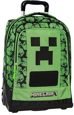 MINECRAFT - Zaino Scuola Trolley Ufficiale Minecraft, Ruote Sostituibili, Maniglia Regolabile, 2 Vani, Tasca Frontale, Schienale e Fondo Termoformati, Spallacci Imbottiti Regolabili, 36x47Hx23cm