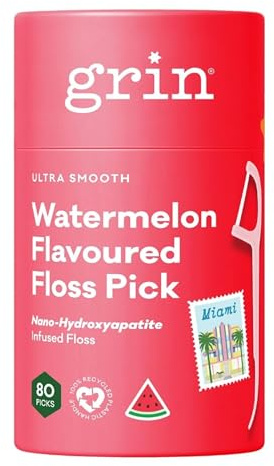 Grin Ultra Clean Adult Tooth Floss Picks, 80pk Canister Watermelon Flavour | Fruity Dental Floss Sticks for Tight Teeth, Keeps Breath Fresh & Teeth Clean, Easy and Simple Grip Handle for Daily Oral Care