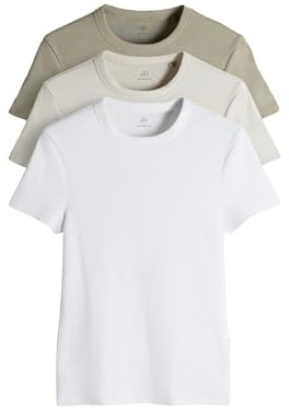 THE SET - T-Shirts à Manches Courtes Femme Côtelés - Noir, Marron Taupe et Blanc (Lot de 3) Light Khaki/Warm Stone/White L