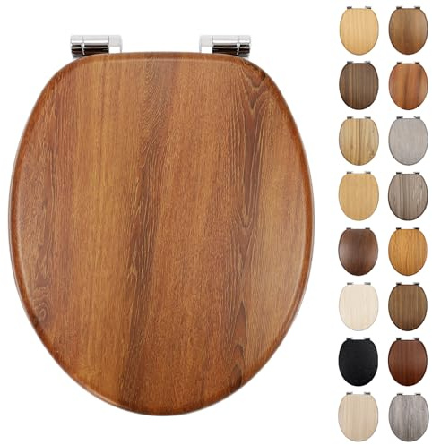 Fanmitrk Standard Wooden Toilet Seat Soft Close, MDF Adjustable Zinc Alloy Hinges with Bottom Fixture,Easy to Clean and Install for Bathroom(JH4704-01)