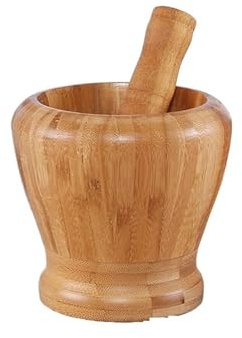 Mortel med mortel och mortelset av bambuträ med lock, sked, kvarn, press, dokumentförstörare, masher för peppar, vitlök, örter, kryddor, kökshjälpsset (9,5 x 9,5 cm)