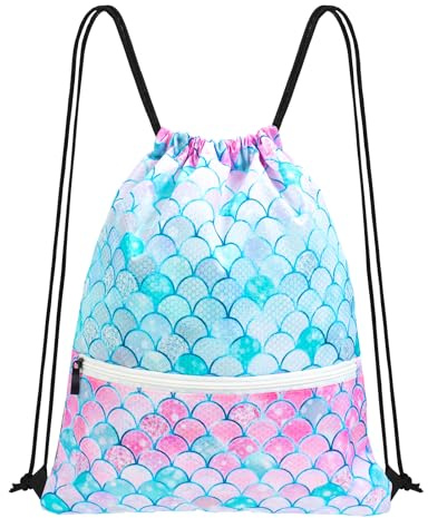 StreamSafe Drawstring Bags for Kids Girls, Waterproof Mermaid Backpack | PE Sports & Swimming Bag with Zippered Pocket for Beach Pool School Gym Travel