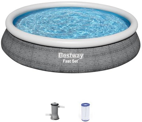 Bestway Fast Set 15' x 33 Round Inflatable Outdoor Above Ground Swimming Pool Set with 530 Gallon Filter Pump and Repair Patch, Gray Rattan