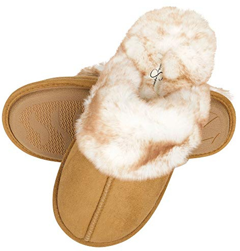 Jessica Simpson womens Comfy Faux Fur House Scuff Memory Foam on Anti-skid Sole Slipper, Tan, Large US (73JM670146)