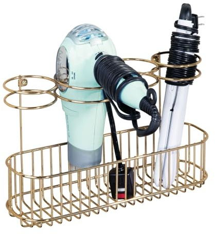 mDesign Support mural pour sèche-cheveux avec 4 compartiments – Organiseur d'outils pour cheveux pour sèche-linge, baguettes à friser, lisseurs – Laiton